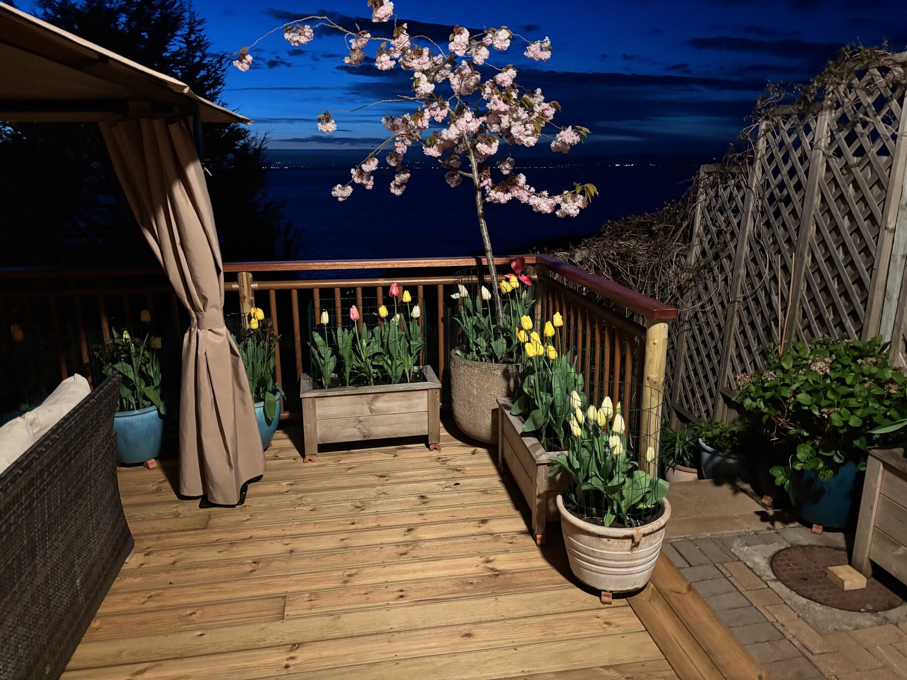 The garden deck at dusk, overlooking the Bristol Channel
